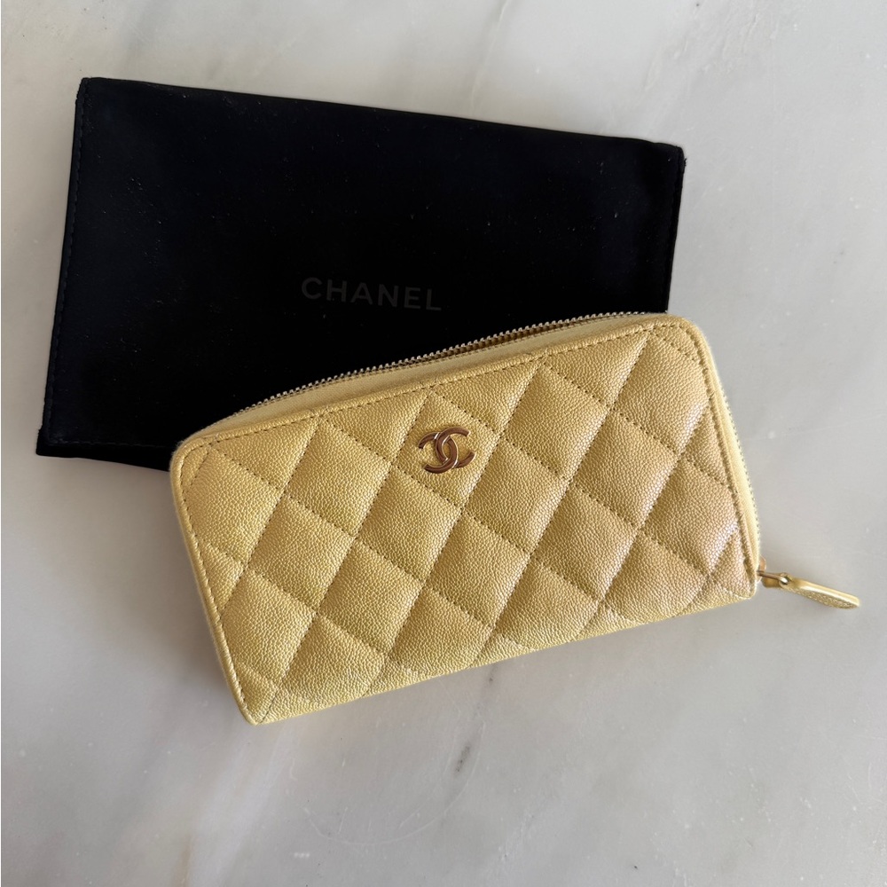 Chanel Pastel Yellow Quilted Caviar Leather Zip Wallet
